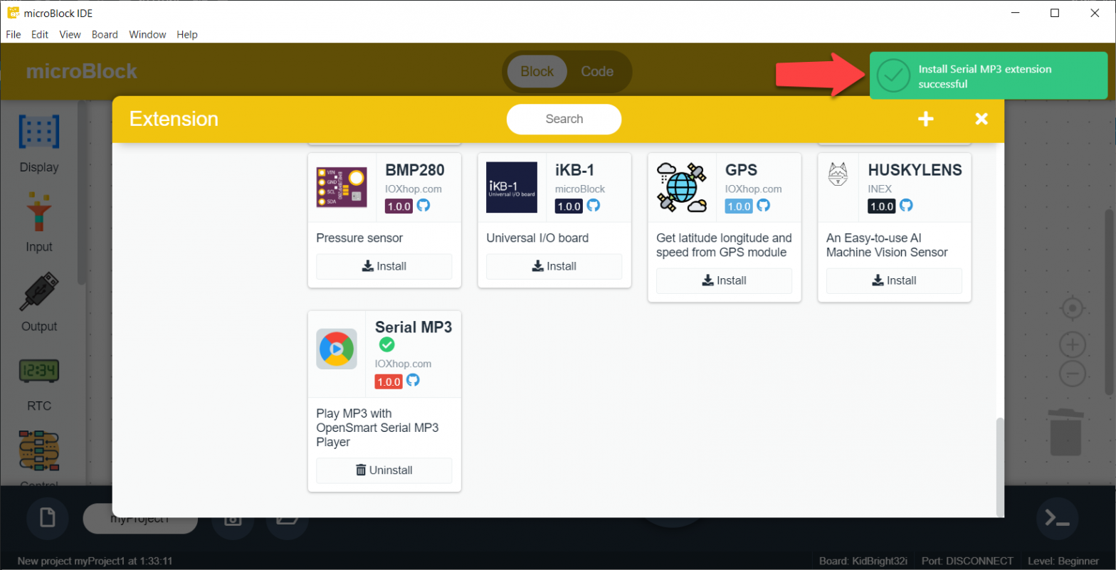 การใช้โมดูลเล่น MP3 กับบอร์ด KidBright32 - microBlock IDE